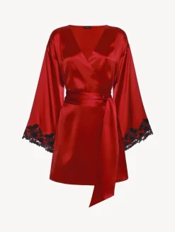 La Perla Bata Corta De Seda Roja Con Frastaglio Color Negro X