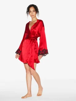 La Perla Bata Corta De Seda Roja Con Frastaglio Color Negro X