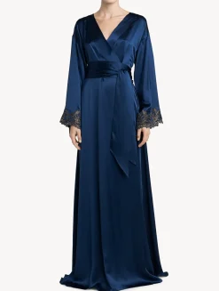 La Perla Bata Larga De Seda Azul Oscuro Con Frastaglio Color Plata