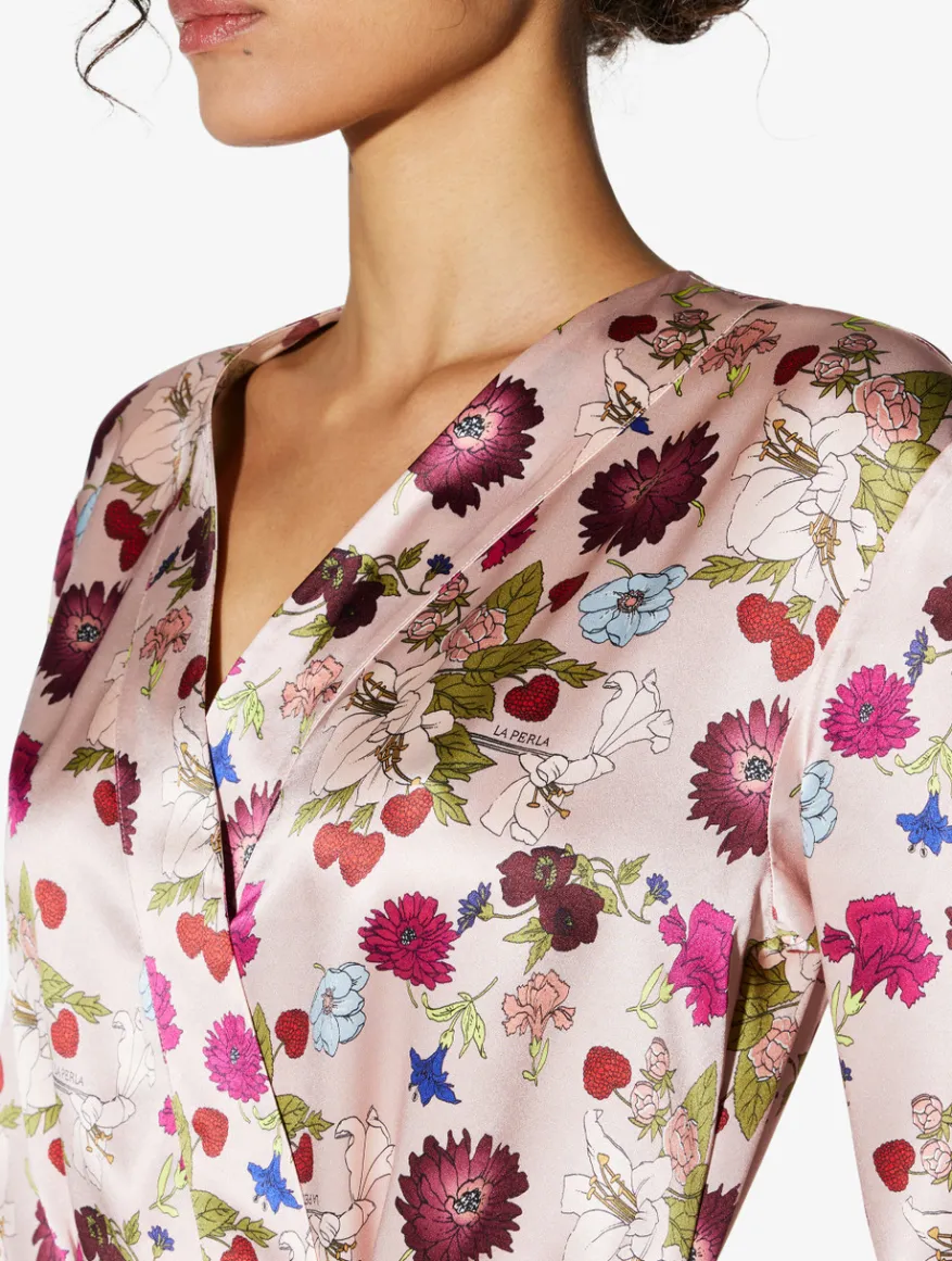 La Perla Bata Larga De Seda Con Estampado De Flores