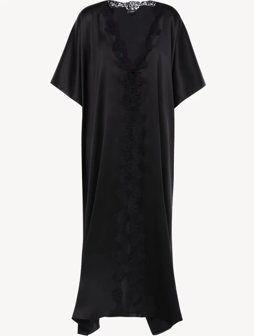 La Perla Bata Larga De Seda Negra Con Macramé