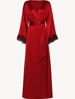 La Perla Bata Larga De Seda Roja Con Frastaglio Color Negro