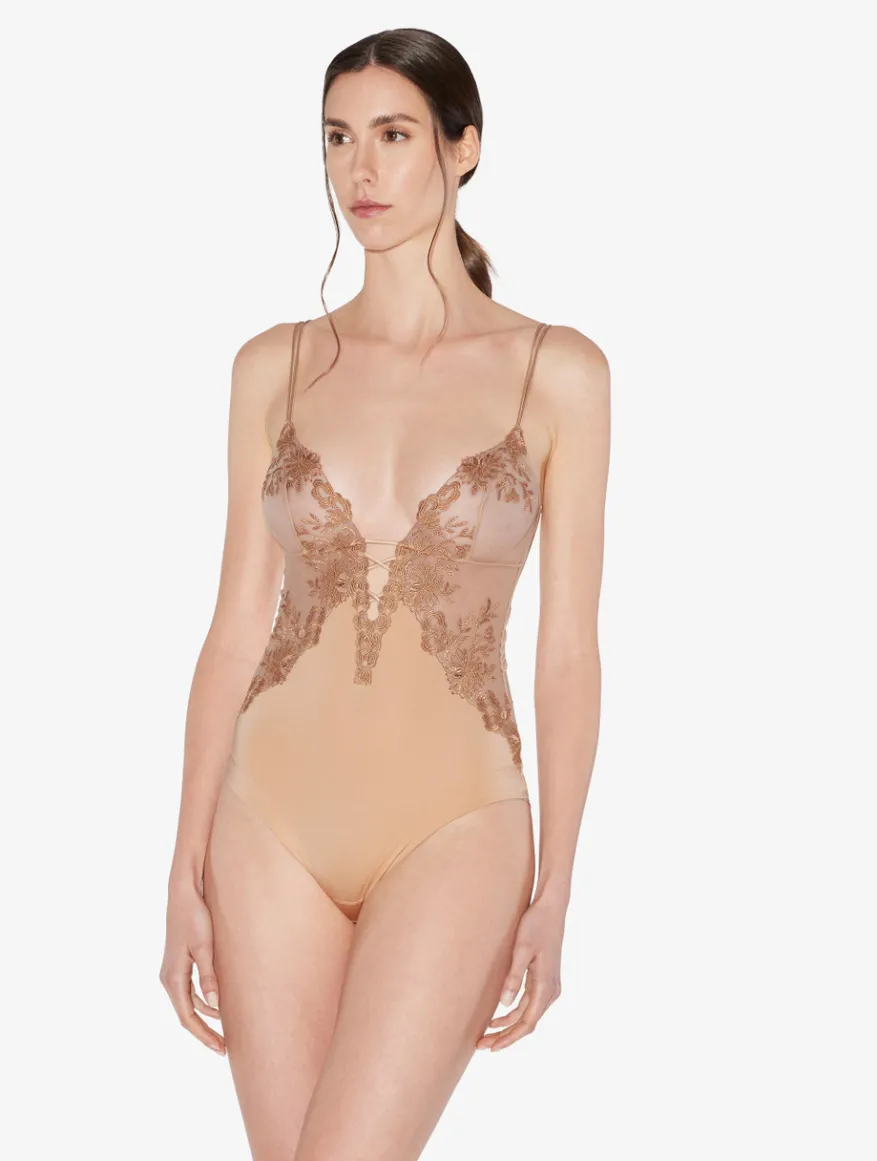 La Perla Body De Lycra Con Tul Bordado Beige