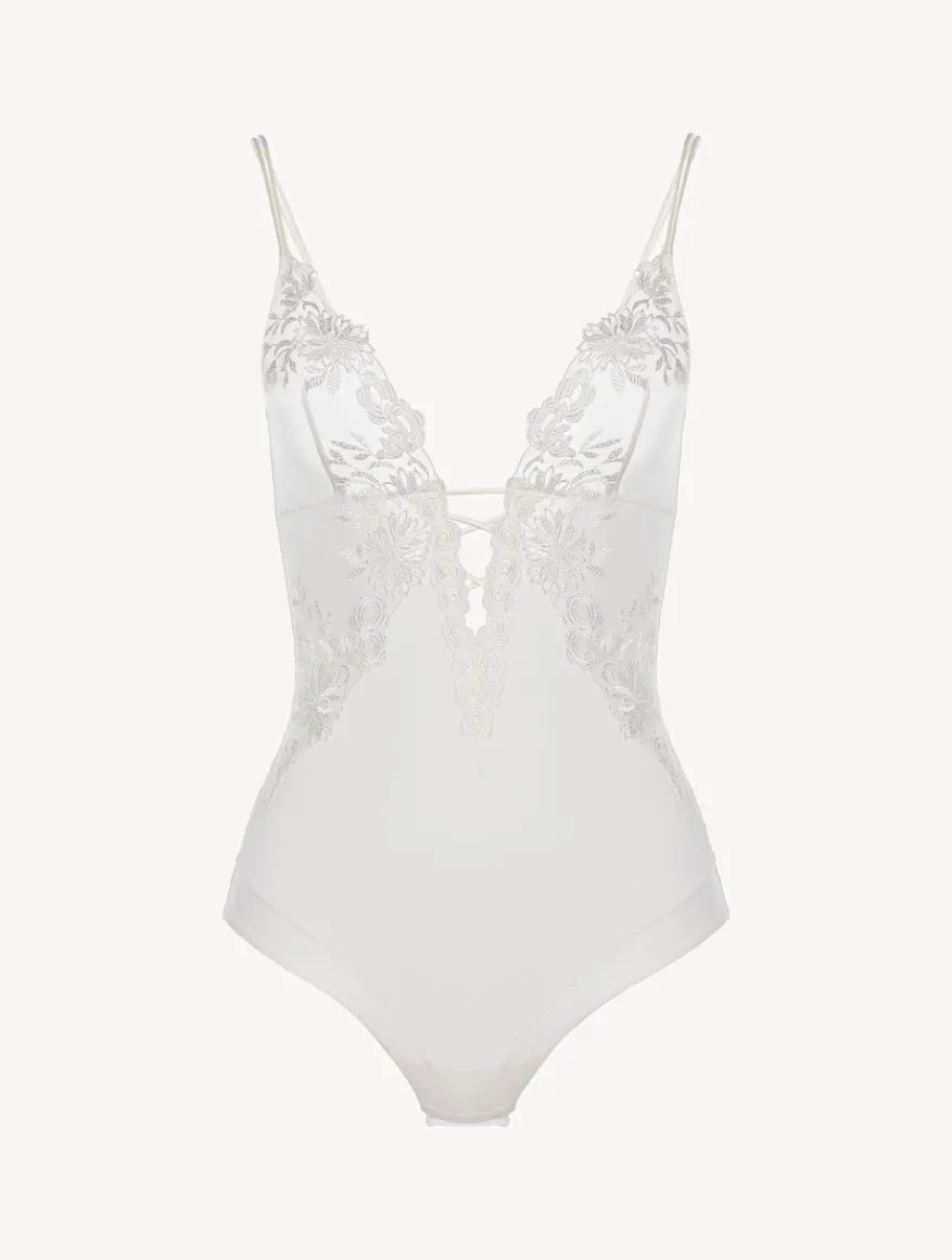 La Perla Body De Lycra Con Tul Bordado Blanquecino