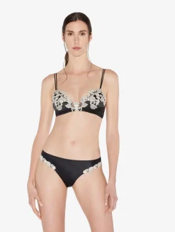 La Perla Braguita Brasileña De Seda Negra Con Frastaglio Color Marfil