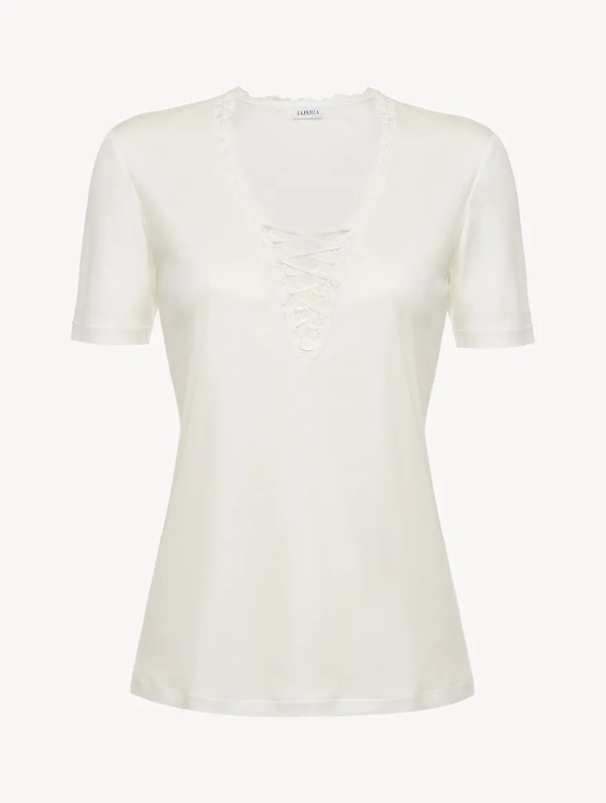 La Perla Camiseta De Pijama En Modal Con Tul Bordado Blanquecino