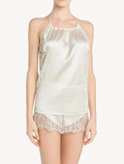 La Perla Camiseta De Seda Blanquecina Con Lazada En La Nuca Y Ribetes De Encaje Leavers
