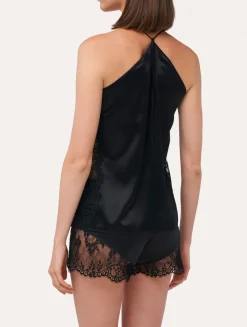 La Perla Camiseta De Seda Negra Con Lazada En La Nuca Y Ribetes De Encaje Leavers