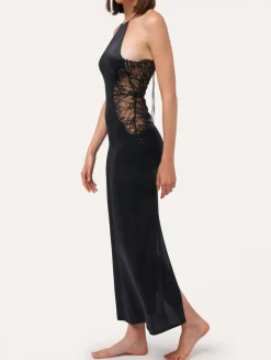 La Perla Camisón De Seda Negro Con Lazada En La Nuca Y Ribetes De Encaje Leavers