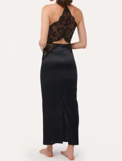 La Perla Camisón De Seda Negro Con Lazada En La Nuca Y Ribetes De Encaje Leavers