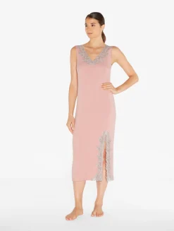La Perla Camisón Largo Acanalado En Mezcla De Cachemir De Color Blush Clay Con Frastaglio