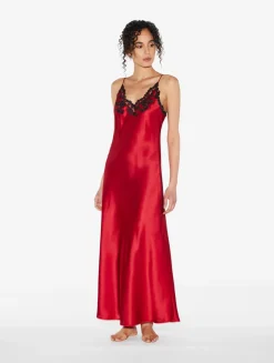 La Perla Camisón Largo De Seda Roja Con Frastaglio