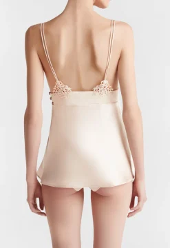 La Perla Camisola En Seda Beige Rosada Con Macramé Frastaglio