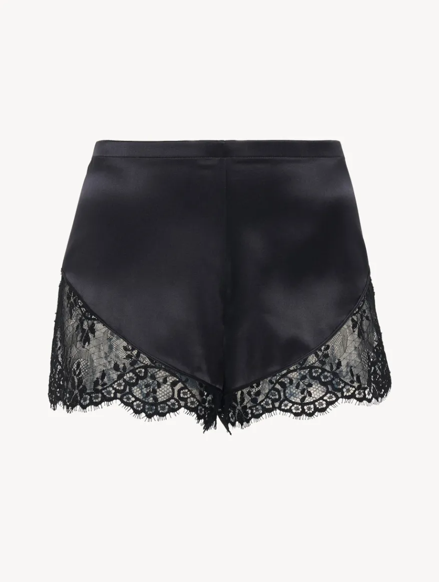 La Perla Pantalón Corto De Seda Negro Con Ribetes De Encaje Leavers