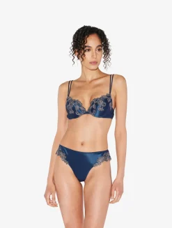 La Perla Sujetador Push-up De Seda Azul Oscuro Con Frastaglio Color Plata