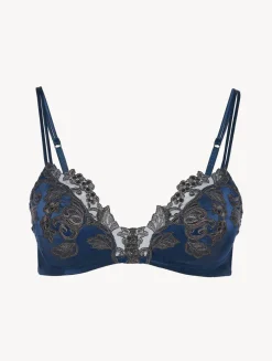 La Perla Sujetador Triangular De Seda Azul Oscuro Con Frastaglio Color Plata