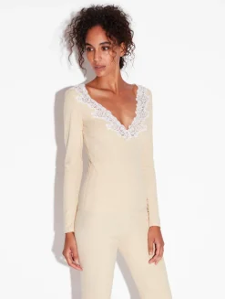 La Perla Top Acanalado De Manga Larga En Mezcla De Cachemir De Color Halo Con Frastaglio